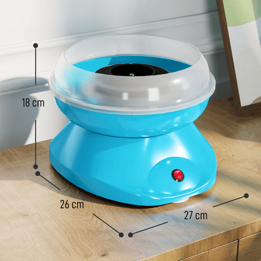 HOMCOM Máquina de Algodão Doce Potência 450W-550W Máquina de Algodão Doce com Colher Medidora e 10 Palitos de Bambu Aço Inoxidável e Alumínio 27x26x18 cm Azul