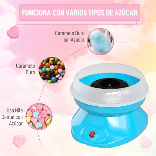 HOMCOM Máquina de Algodão Doce Potência 450W-550W Máquina de Algodão Doce com Colher Medidora e 10 Palitos de Bambu Aço Inoxidável e Alumínio 27x26x18 cm Azul