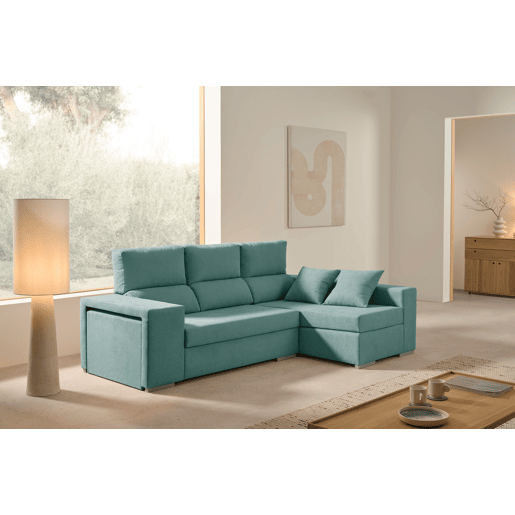 Chaise longue com pufe grande, verde-esmeralda turquesa, lado direito