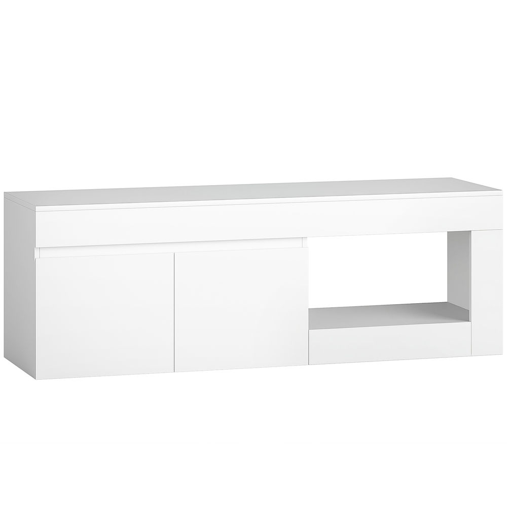 Homcom mueble de tv moderno, mesa de tv para salón con 2 puertas, estante abierto, para televisión 60 pulgadas, 140x40x48 cm, blanco