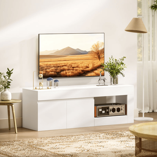 HOMCOM Móvel de TV Mobiliário de TV com 2 Portas Prateleira Aberta Móvel de TV de Sala de Estar para Televisóres de 60 Polegadas 140x40x48 cm Branco