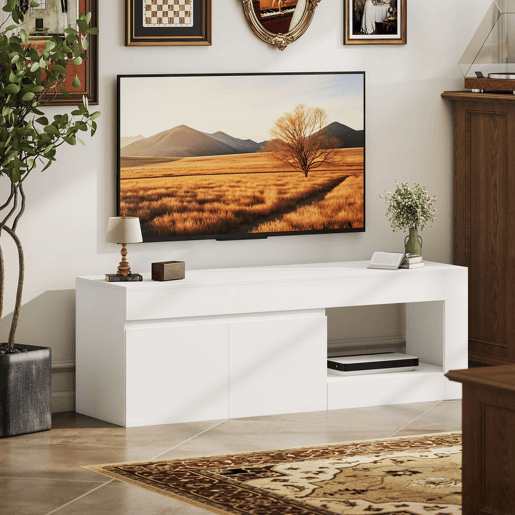 HOMCOM Móvel de TV Mobiliário de TV com 2 Portas Prateleira Aberta Móvel de TV de Sala de Estar para Televisóres de 60 Polegadas 140x40x48 cm Branco