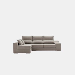 Sofá Amatista Plus 265 cinza com chaise à esquerda, pufes e espaço para armazenamento.