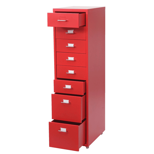 Armário de escritório em aço vermelho com gavetas sobre rodízios 8 gavetas 110x28x41cm 04_0004356