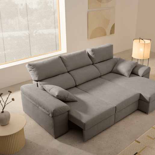 Sofá chaise longue Armonia Premium Grey com braço direito e espaço para armazenamento.