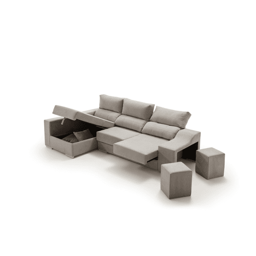 Sofá chaise longue Amethyst 225 cinza com pufes e espaço para armazenamento.