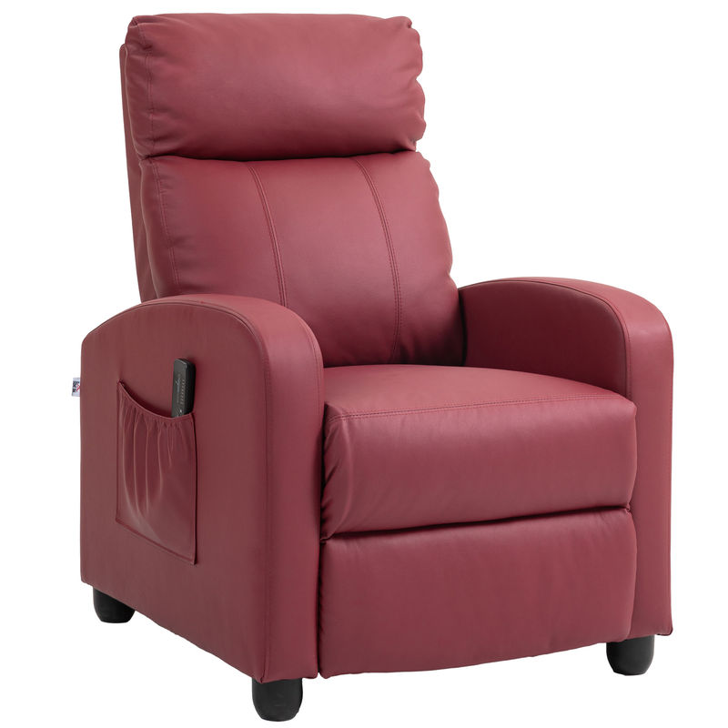 Homcom sillón de masaje, sillón relax reclinable con mando a distancia, 2 zonas de masaje, 8 programas, 5 niveles de intensidad, bolsillo lateral y temporizador tapizado en pu 68x88x98 cm rojo burdeos