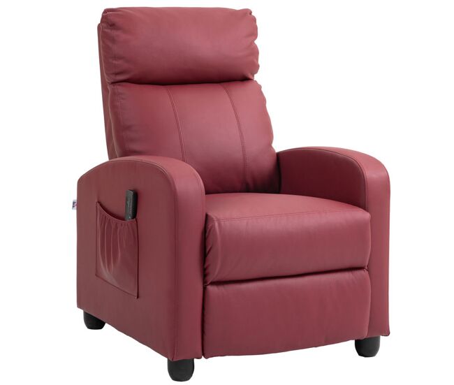 Homcom sillón de masaje, sillón relax reclinable con mando a distancia, 2 zonas de masaje, 8 programas, 5 niveles de intensidad, bolsillo lateral y temporizador tapizado en pu 68x88x98 cm rojo burdeos