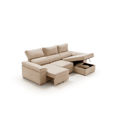 Sofá chaise longue Armonia Premium bege com braço esquerdo e espaço para armazenamento.