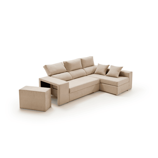 Chaise longue com pufe grande, bege esmeralda, à esquerda