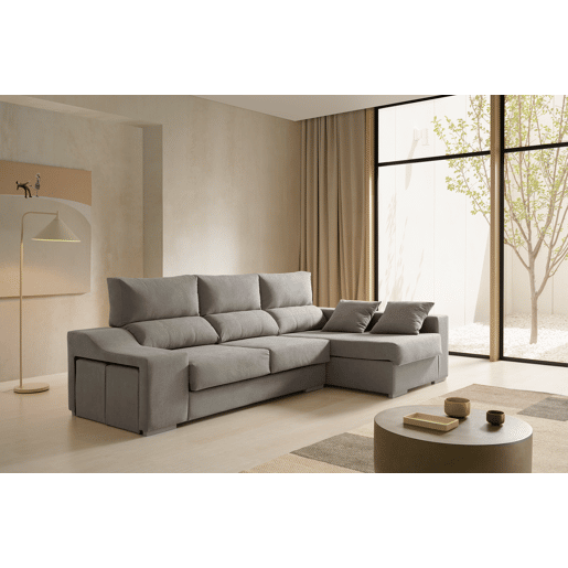 Sofá chaise longue Amethyst 225 cinza com pufes e espaço para armazenamento.