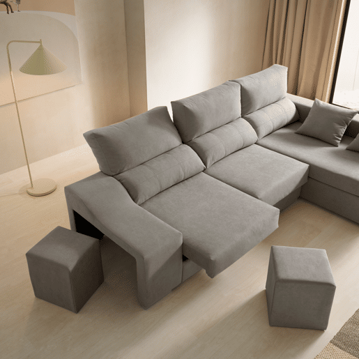 Sofá chaise longue Amethyst 225 cinza com pufes e espaço para armazenamento.