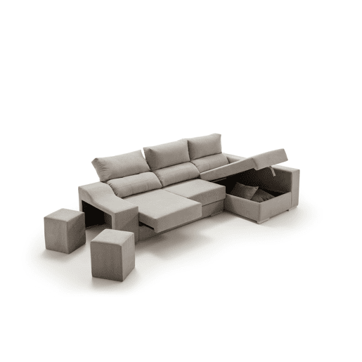 Sofá chaise longue Amethyst 225 cinza com pufes e espaço para armazenamento.