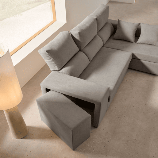 Sofá chaise longue com grande pufe, cinza esmeralda, à esquerda Sofá chaise longue com grande pufe, cinza esmeralda, à esquerda