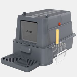 PawHut Caixa de Areia para Gatos de Aço Inoxidável XL com Tampa Articulada 180° Laterais Altas Pedal Pá Sem Odores Fácil de Limpar,Antiderrapante 63x43x43 cm Cinzento Escuro