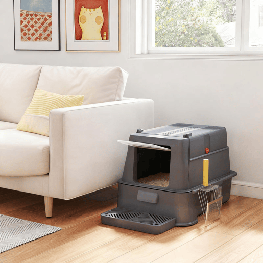 PawHut Caixa de Areia para Gatos de Aço Inoxidável XL com Tampa Articulada 180° Laterais Altas Pedal Pá Sem Odores Fácil de Limpar,Antiderrapante 63x43x43 cm Cinzento Escuro