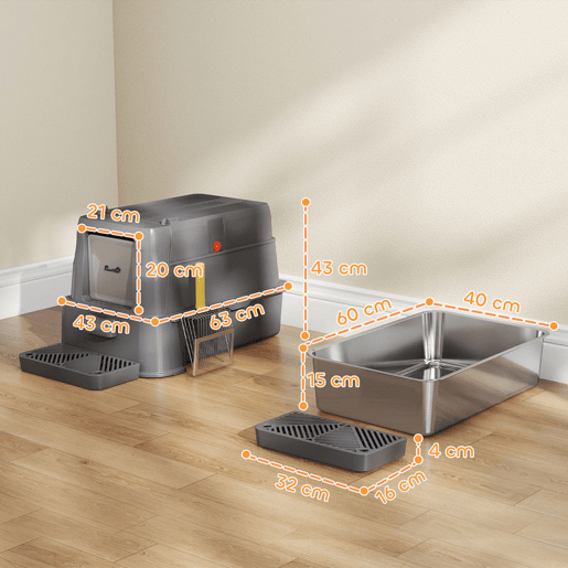 PawHut Caixa de Areia para Gatos de Aço Inoxidável XL com Tampa Articulada 180° Laterais Altas Pedal Pá Sem Odores Fácil de Limpar,Antiderrapante 63x43x43 cm Cinzento Escuro