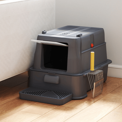 PawHut Caixa de Areia para Gatos de Aço Inoxidável XL com Tampa Articulada 180° Laterais Altas Pedal Pá Sem Odores Fácil de Limpar,Antiderrapante 63x43x43 cm Cinzento Escuro