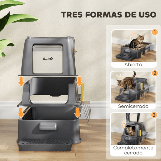 PawHut Caixa de Areia para Gatos de Aço Inoxidável XL com Tampa Articulada 180° Laterais Altas Pedal Pá Sem Odores Fácil de Limpar,Antiderrapante 63x43x43 cm Cinzento Escuro