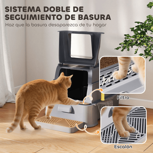 PawHut Caixa de Areia para Gatos de Aço Inoxidável XL com Tampa Articulada 180° Laterais Altas Pedal Pá Sem Odores Fácil de Limpar,Antiderrapante 63x43x43 cm Cinzento Escuro
