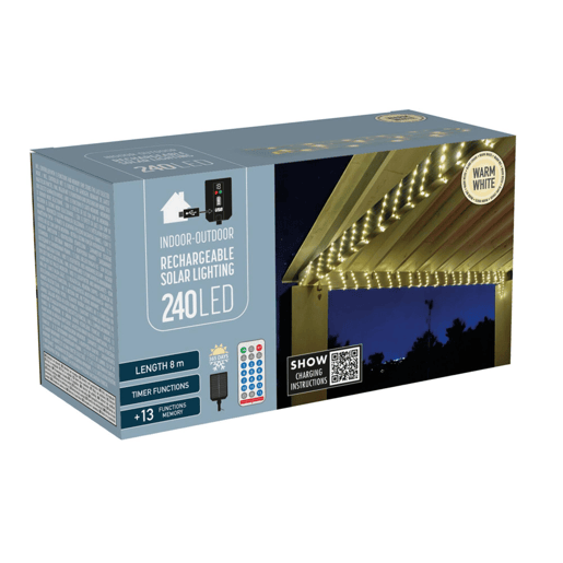 Luz solar LED recarregável com controle remoto, branco quente, 13 modos, temporizador e cabo de 3 m