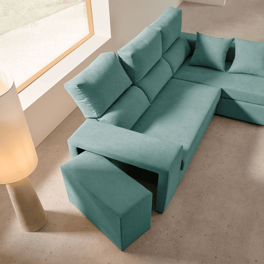 Chaise longue com pufe grande, verde-esmeralda, à esquerda