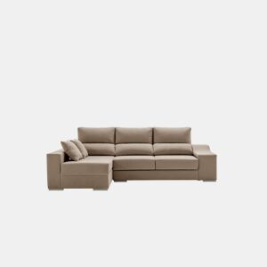 Sofá Amatista Plus 265 marrom com chaise à esquerda, pufes e espaço para armazenamento.