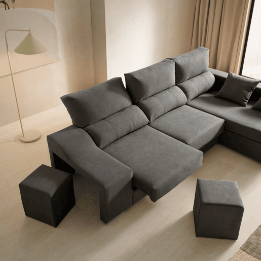 Sofá Amatista Plus 265 Marengo com chaise longue à direita, pufes e espaço de armazenamento.
