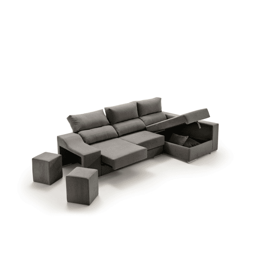 Sofá Amatista Plus 265 Marengo com chaise longue à direita, pufes e espaço de armazenamento.