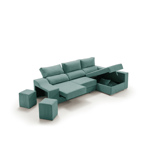 Sofá Amatista Plus 265 Turquesa com Chaise Longue à Direita, Pufes e Espaço de Armazenamento