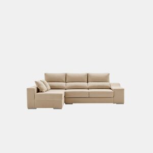 Sofá chaise longue Amethyst 225 bege com pufes e espaço de armazenamento.