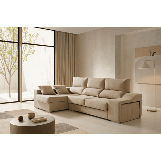 Sofá chaise longue Amethyst 225 bege com pufes e espaço de armazenamento.