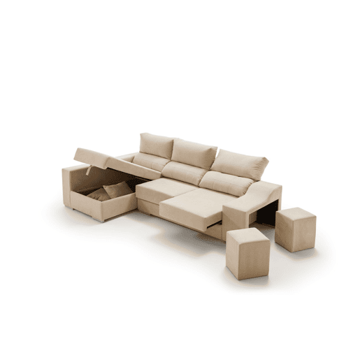 Sofá chaise longue Amethyst 225 bege com pufes e espaço de armazenamento.