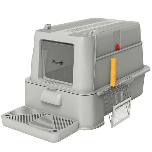 PawHut Caixa de Areia para Gatos de Aço Inoxidável XL com Tampa Articulada 180° Laterais Altas Pedal Pá Sem Odores Fácil de Limpar,Antiderrapante 63x43x43 cm Cinza Claro