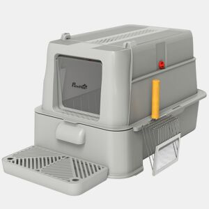 PawHut Caixa de Areia para Gatos de Aço Inoxidável XL com Tampa Articulada 180° Laterais Altas Pedal Pá Sem Odores Fácil de Limpar,Antiderrapante 63x43x43 cm Cinza Claro