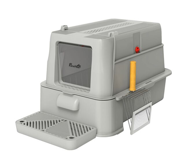 Pawhut arenero para gatos de acero inoxidable xl, caja de arena para gatos, arenero con tapa abatible 180°, laterales altos, pedal, pala, sin olores, fácil de limpiar, antifugas, gris claro