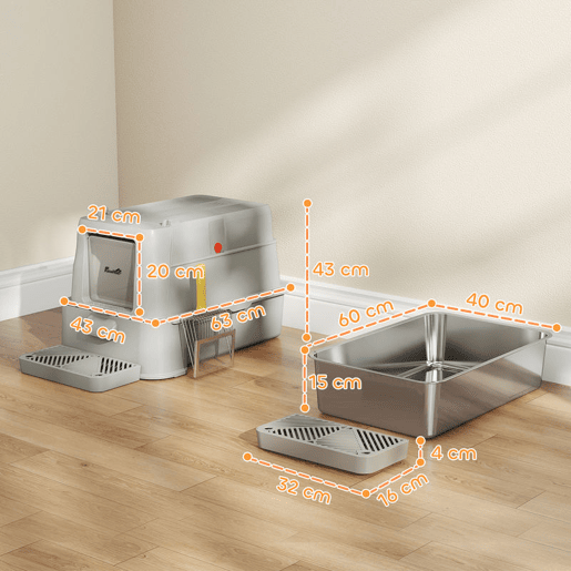 PawHut Caixa de Areia para Gatos de Aço Inoxidável XL com Tampa Articulada 180° Laterais Altas Pedal Pá Sem Odores Fácil de Limpar,Antiderrapante 63x43x43 cm Cinza Claro