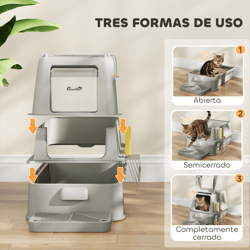 PawHut Caixa de Areia para Gatos de Aço Inoxidável XL com Tampa Articulada 180° Laterais Altas Pedal Pá Sem Odores Fácil de Limpar,Antiderrapante 63x43x43 cm Cinza Claro