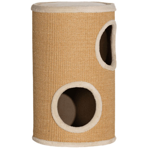 PawHut Barril Arranhador para Gatos 60 cm de Altura Tonel de Escalada com 2 Cavernas e Cobertura de Sisal Arranhador para Gatos Ø35x60 cm Marrom e Bege