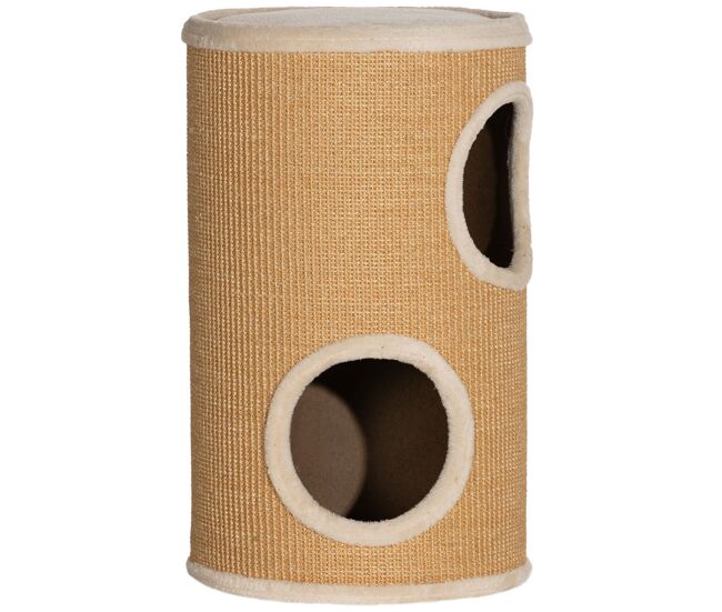 Pawhut barril rascador para gatos 60 cm de altura, tonel de escalada con 2 cuevas y cubierta de sisal, torre rascador para gatos, ø35x60 cm, marrón y beige