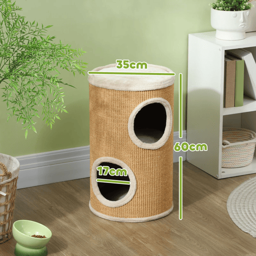 PawHut Barril Arranhador para Gatos 60 cm de Altura Tonel de Escalada com 2 Cavernas e Cobertura de Sisal Arranhador para Gatos Ø35x60 cm Marrom e Bege