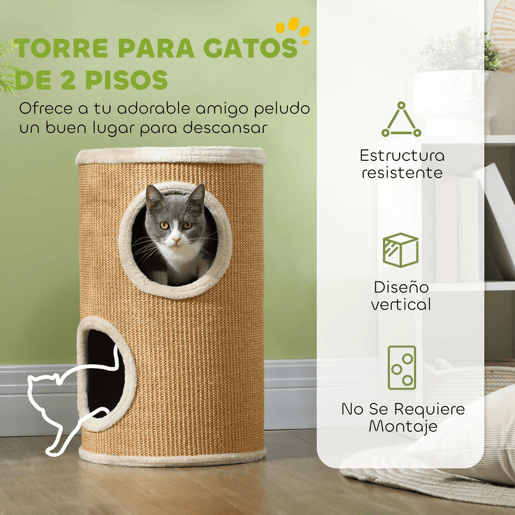 PawHut Barril Arranhador para Gatos 60 cm de Altura Tonel de Escalada com 2 Cavernas e Cobertura de Sisal Arranhador para Gatos Ø35x60 cm Marrom e Bege