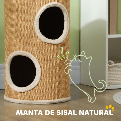 PawHut Barril Arranhador para Gatos 60 cm de Altura Tonel de Escalada com 2 Cavernas e Cobertura de Sisal Arranhador para Gatos Ø35x60 cm Marrom e Bege