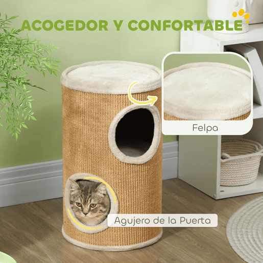 PawHut Barril Arranhador para Gatos 60 cm de Altura Tonel de Escalada com 2 Cavernas e Cobertura de Sisal Arranhador para Gatos Ø35x60 cm Marrom e Bege