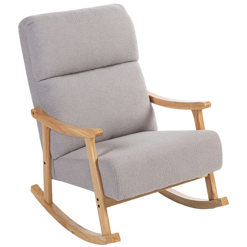 Homcom silla mecedora de borreguito moderna, mecedora con patas y reposabrazos de madera de caucho, respaldo alto, carga 120 kg, para dormitorio, salón, gris claro