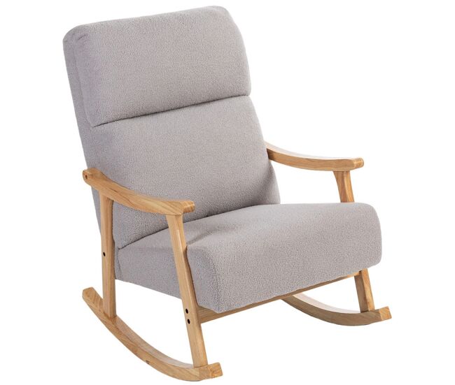 Homcom silla mecedora de borreguito moderna, mecedora con patas y reposabrazos de madera de caucho, respaldo alto, carga 120 kg, para dormitorio, salón, gris claro