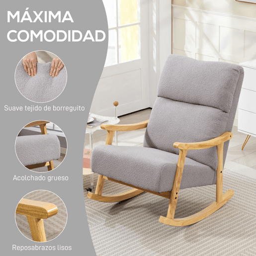 HOMCOM Cadeira de Baloiço Moderna com Estofos de Tecido Sherpa, Estrutura em Madeira de Seringueira, Encosto Alto, Suporta até 120 kg, para Quarto e Sala de Estar, Cinza Claro