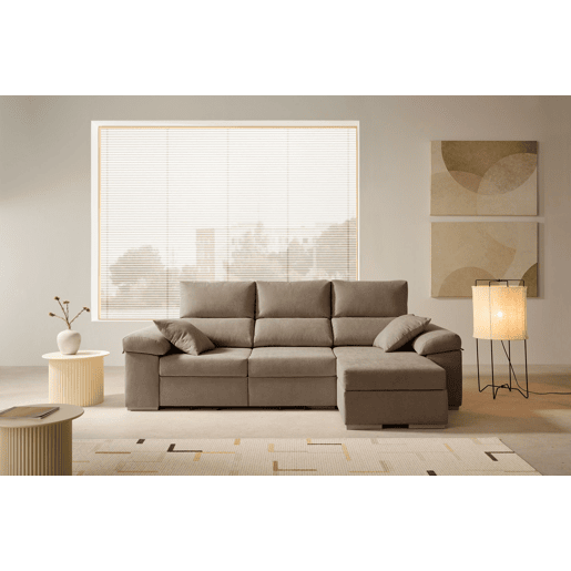 Sofá chaise longue Armonia Premium marrom, lado direito, com espaço para armazenamento.