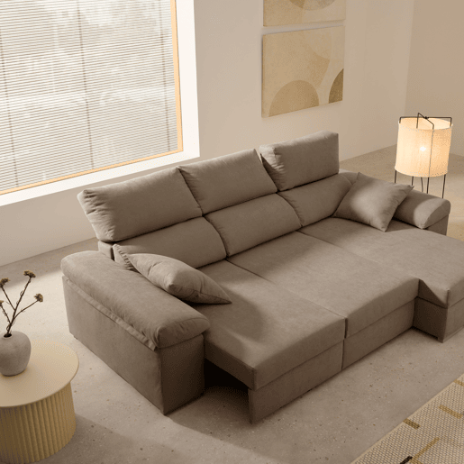 Sofá chaise longue Armonia Premium marrom, lado direito, com espaço para armazenamento.