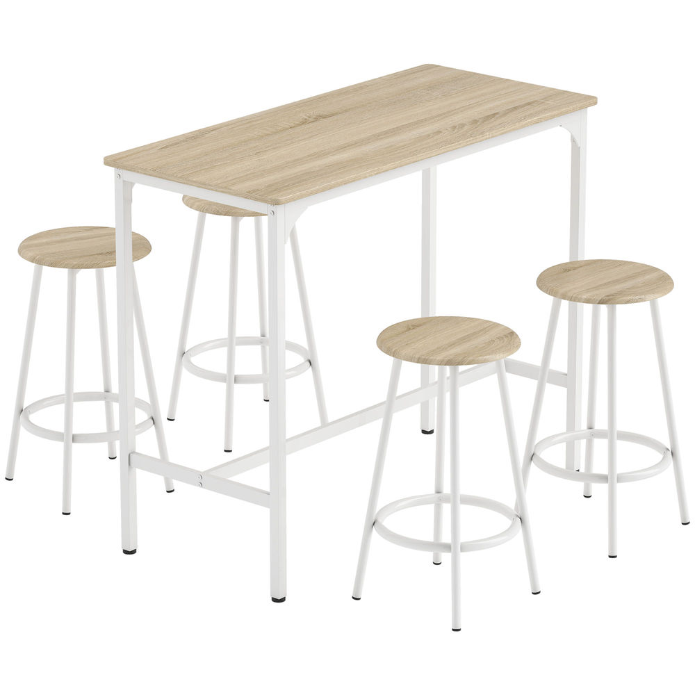 Homcom conjunto mesa alta de cocina con 4 taburetes, mesa de bar alta, ahorro de espacio, para pisos pequeños, comedor, balcón o isla cocina 110x50x89,5 cm, natural y blanco